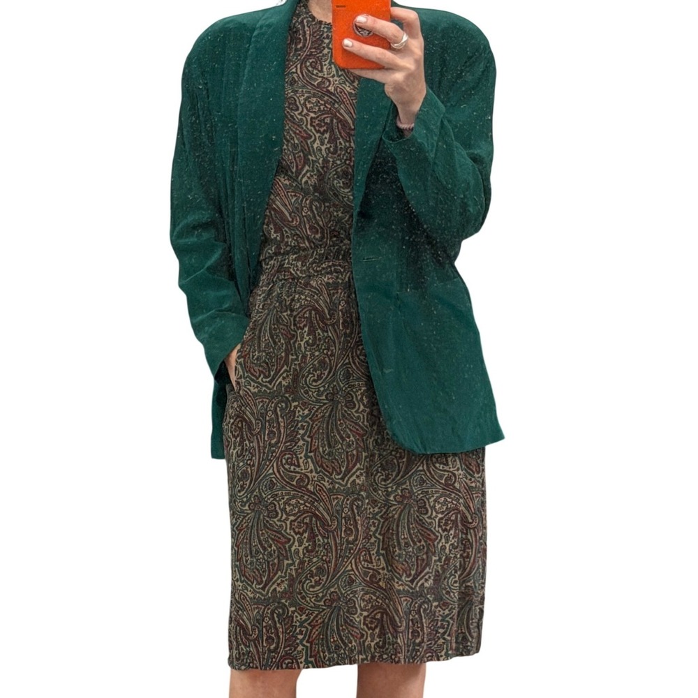Liz Claiborne Collection Silk Blazer Shirt Skirt 3pc Set Green Paisley Vintage L
